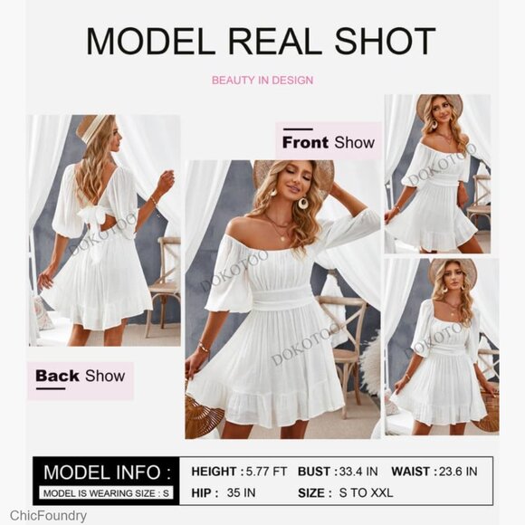 Square Neck Tie Back Lantern Sleeve Ruffle A-Line Casual Summer Dress - Picture 3 of 7